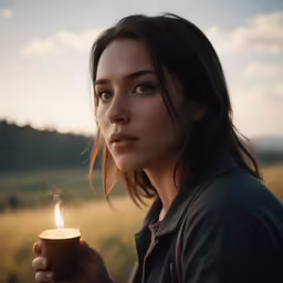 a woman holding a candle standing on a field