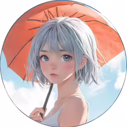 anime girl with long white hair holding a orange umbrella