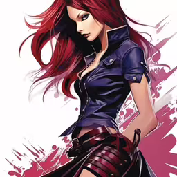 a cartoon style woman is holding a gun,a drawing of an anime girl with long hair and leather clothes