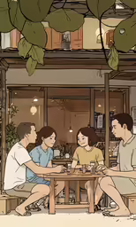 four people sitting at a table together
