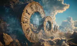 two giant clocks against an intense and cloudy sky