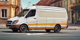 a white and yellow van is parked in front of some buildings,white van with yellow stripes stopped at curb