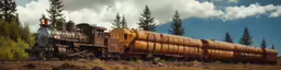 a train traveling past some tall trees in the middle of the field