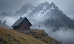 a house on a hill with fog and low trees