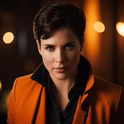 a woman in an orange jacket and some lights