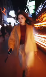 a woman is walking on the street at night