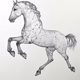 the black and white drawing shows a running horse