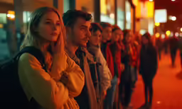 people lined up on the side walk at night