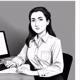 a woman in black and white sitting at a desk typing
