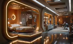 a bedroom area with a large bed in it