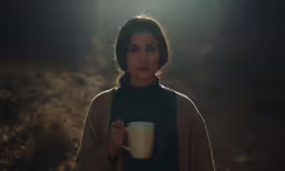 the woman is holding her mug with a light on