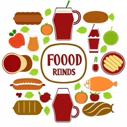 food that has the words food rinds written in it,various foods and drinks are arranged in the middle of a circle,the food round is in the center of which is a bottle, a glass of water, and some fruits,food and drinks are arranged in the circle,food all around the room with coffee in the center
