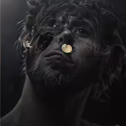 an ugly and menacingly - looking male in black beard stares at something yellow