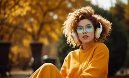 a woman sitting on a bench with headphones on