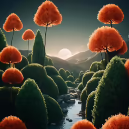 red trees in a green landscape with rocks and trees and a stream
