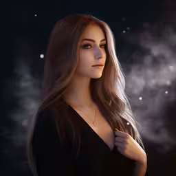 a realistic painting of a woman wearing black with the stars above her,a girl standing in front of a dark background