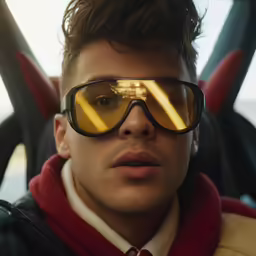 a man in sunglasses, jacket and a scarf sits in the back of a car