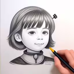 a black and white photo of a little girl with long hair,a drawing of a young girl in the picture