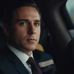a well dressed man in a black suit with a tag sitting inside of his car