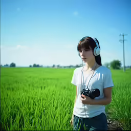 a girl standing in a field with headphones