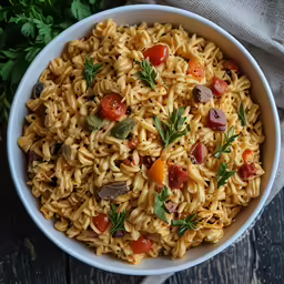 a close up of a bowl of pasta with tomatoes and herbs