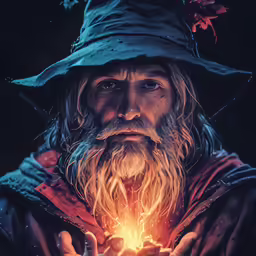 a wizard with long hair and beard and a hat holding his hands out