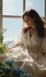 a woman in a white dress sitting in front of a window