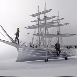 a giant white ship is surrounded by men in suits and ties