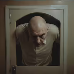 a man in white shirt holding up door to open it