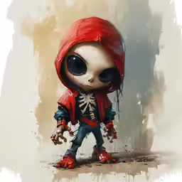 a little red - headed doll with big eyes stands against a grungy background