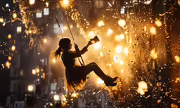 woman playing violin as rain is falling around