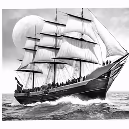 an antique ship sails across the sea
