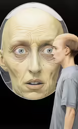 a man standing next to a large creepy head