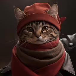 cat is wearing a scarf and looking at the camera