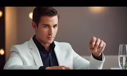 a man in white suit holding up a glass