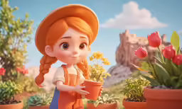 a young redhead haired girl in a fairy tale costume is holding a flower pot and standing among plants with a rocky landscape behind her