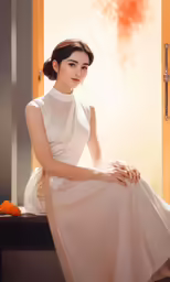 a young woman sitting on a window sill in a cream colored dress