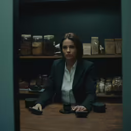 a woman holding out a cell phone with jars of items behind her