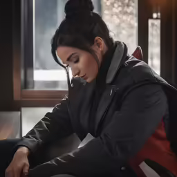 a woman sitting down working on her laptop