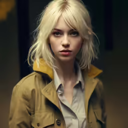 a blond woman in a green jacket standing and staring at the camera