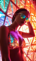 a woman is wearing some colored glasses near an abstract wall
