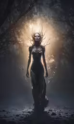 a woman is dressed in a gothic fashion and her shadow is illuminated from behind