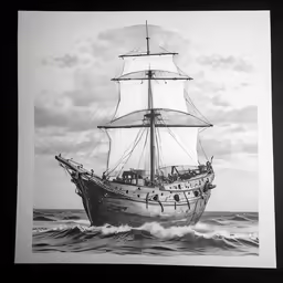 a ship sailing in an open ocean with many sails