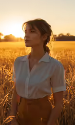 woman in wheat field wearing a white blouse and tan pants