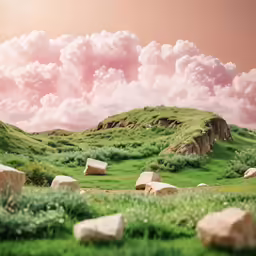 a grass field with stones and rocks in the foreground