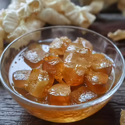 a glass bowl filled with ice and chunks of food