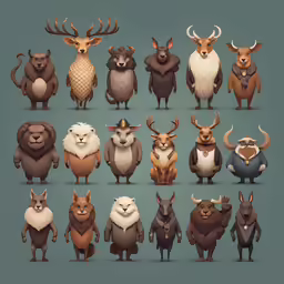 a set of cartoon animals all standing in various poses