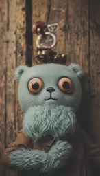 a stuffed bear that is in front of a wall