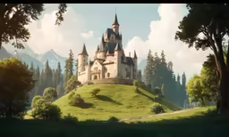 a castle on top of a hill with trees on both sides