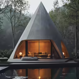 a large grey modern structure with a pool and trees around it